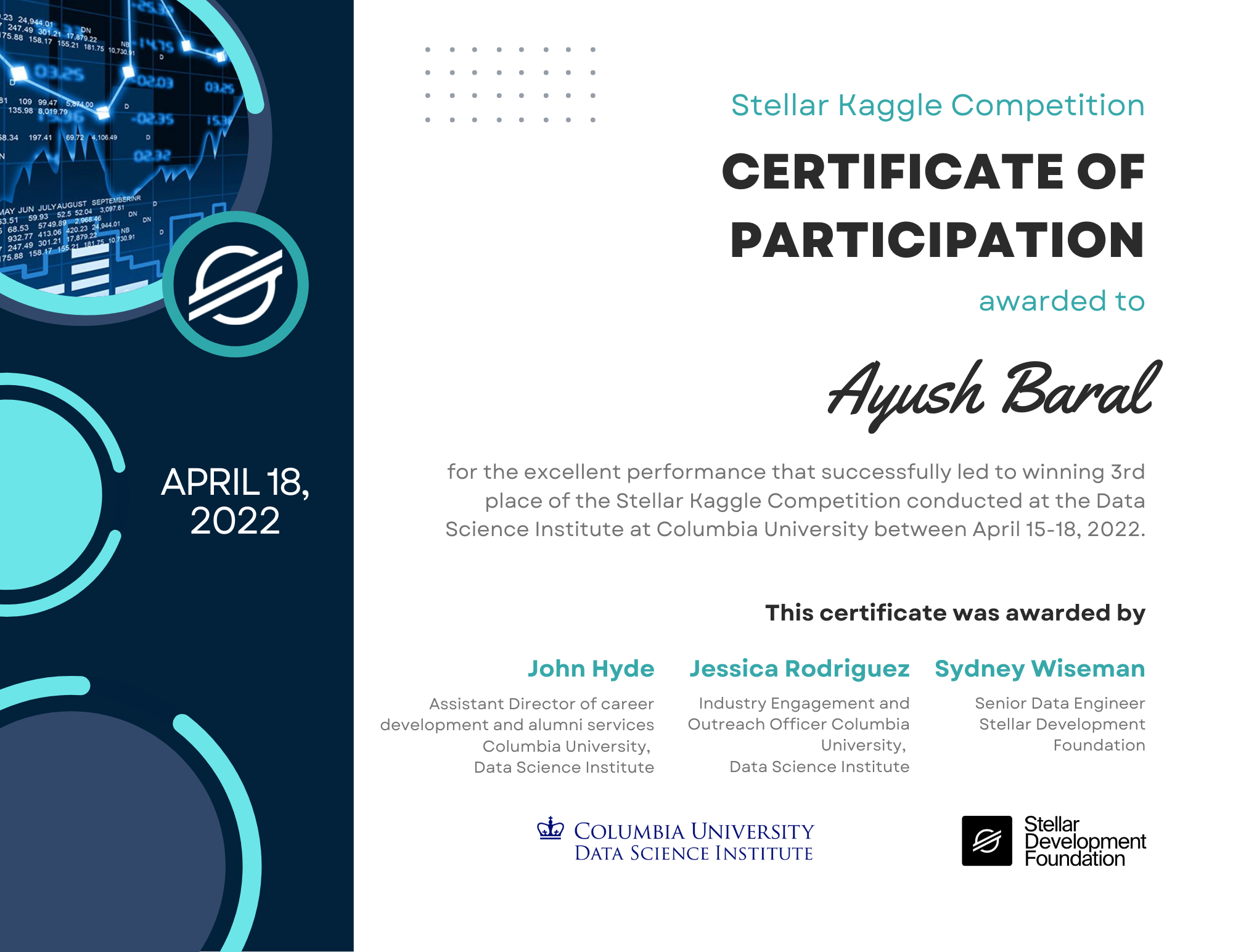 Stellar Blockchain Hackathon Certificate
